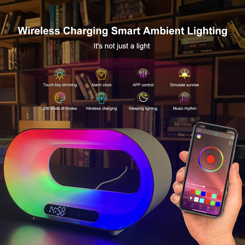 Multi-function 3 In 1 LED Night Light APP Control RGB Atmosphere Desk Lamp Smart Multifunctional Wireless Charger Alarm Clock Lavender Phoebe