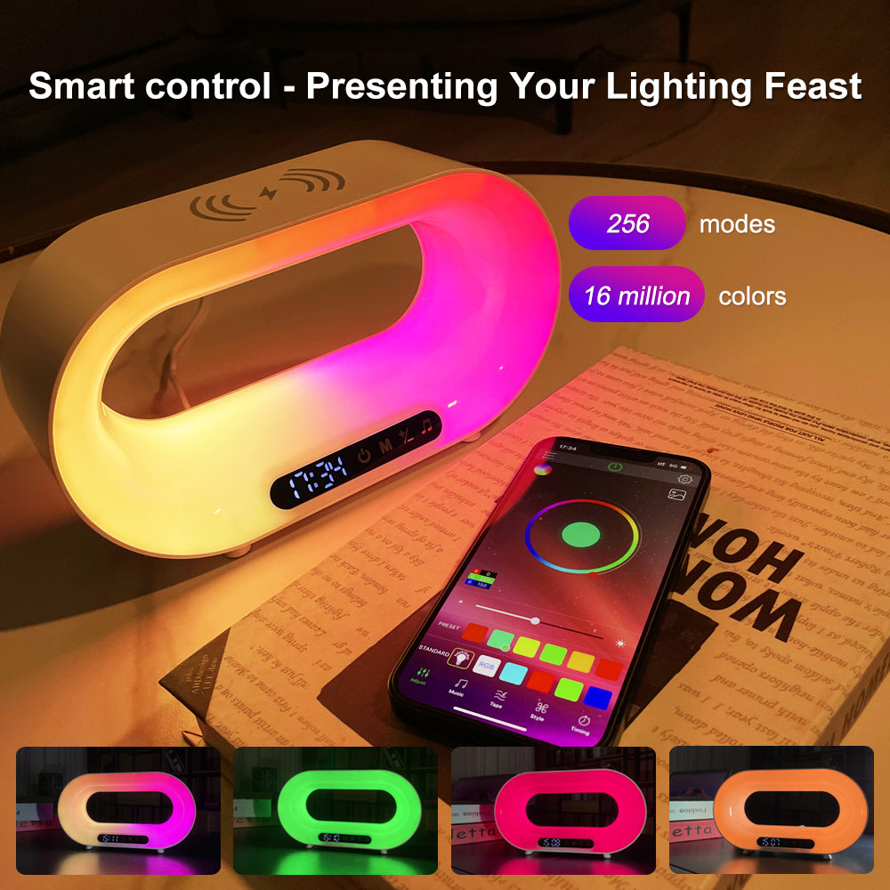 Multi-function 3 In 1 LED Night Light APP Control RGB Atmosphere Desk Lamp Smart Multifunctional Wireless Charger Alarm Clock Lavender Phoebe