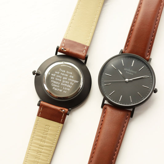 Modern Font Engraving - Men's Minimalist Watch + Walnut Strap Fuchsia Prometheus