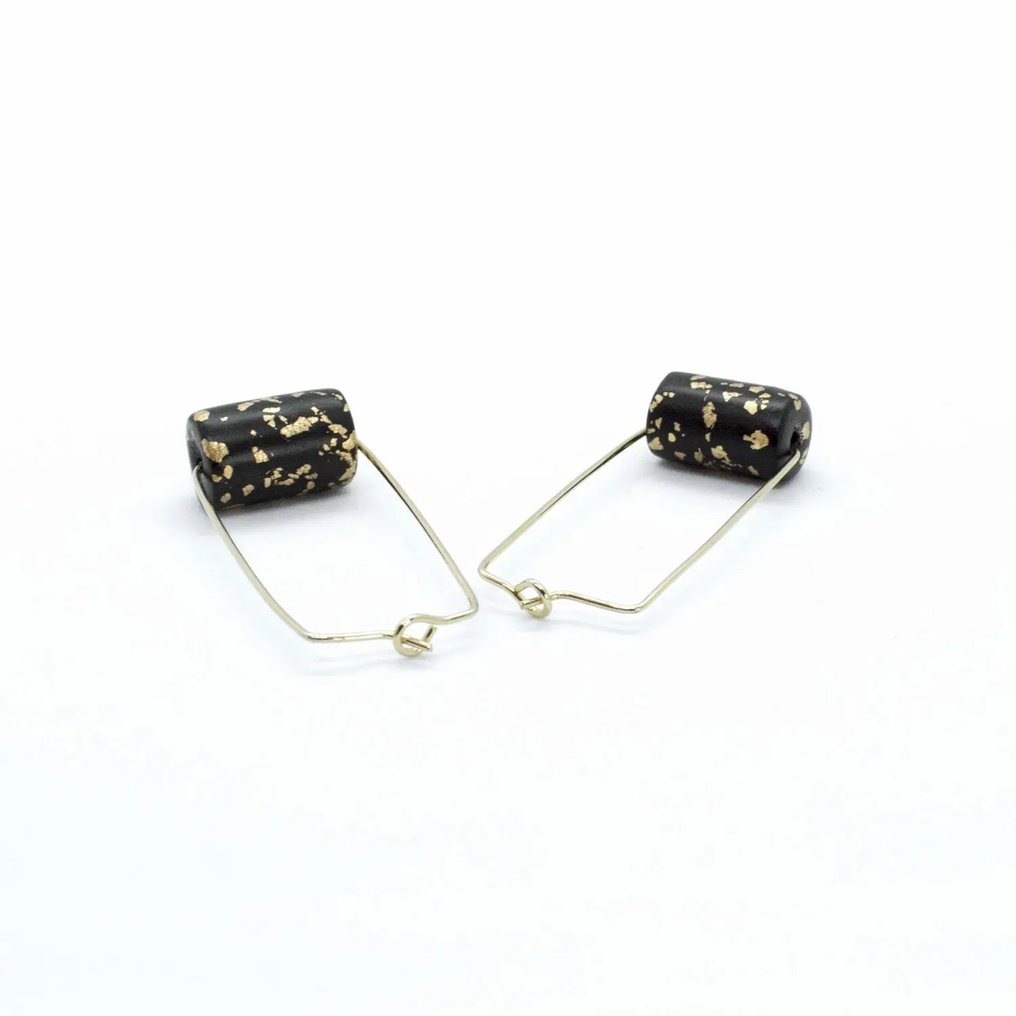 Gold Rectangle Earrings Black & Specks Bead Violet Eurynome