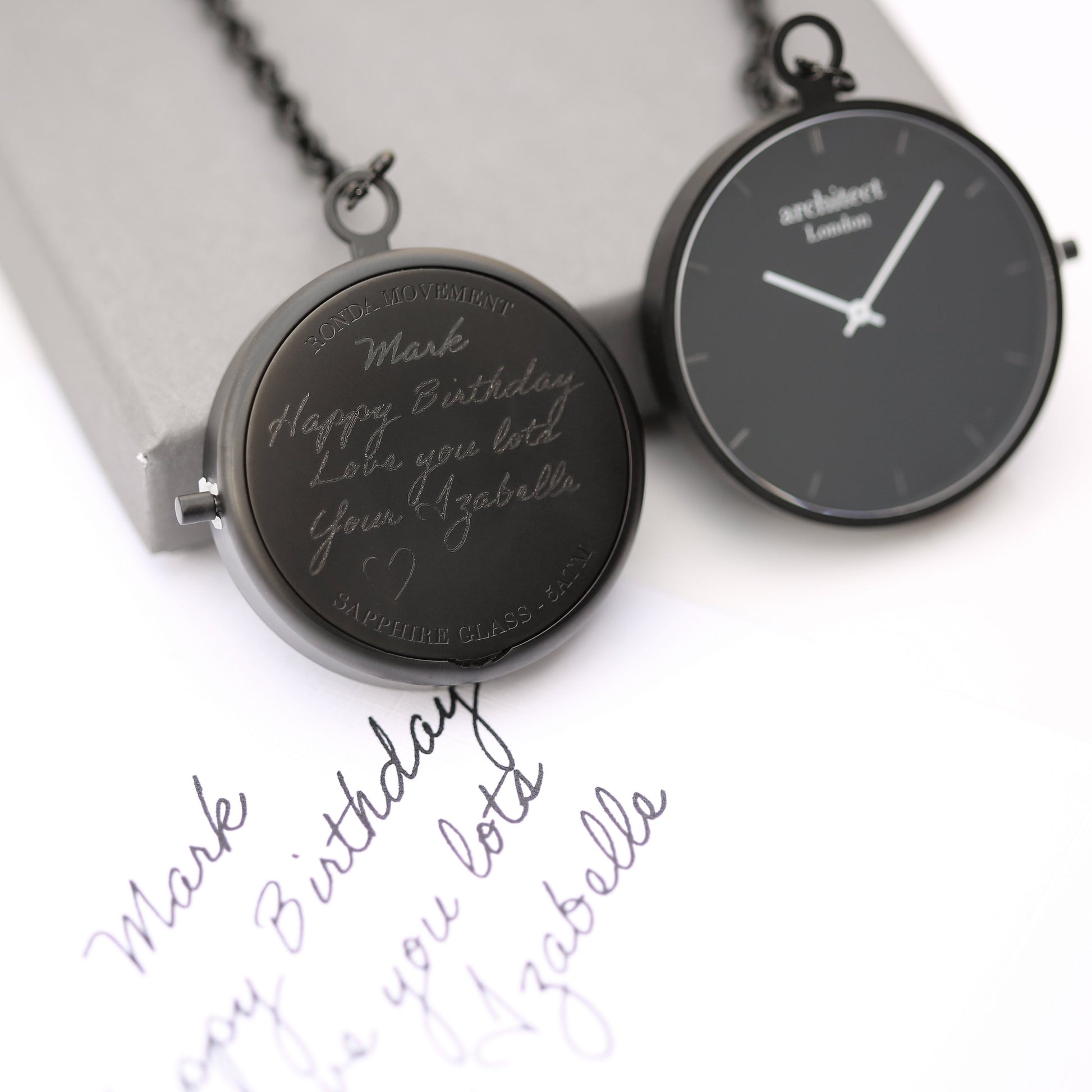 Modern Pocket Watch Black - Handwriting Engraving Fuchsia Prometheus