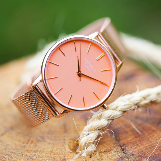 Ladies Architēct Coral - Handwriting Engraving + Rose Gold Mesh Strap Fuchsia Prometheus