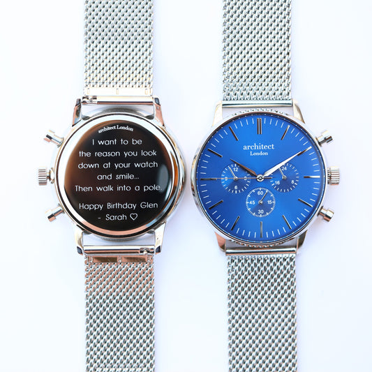 Men's Architect Motivator In Blue With Silver Mesh Strap - Modern Font Fuchsia Prometheus