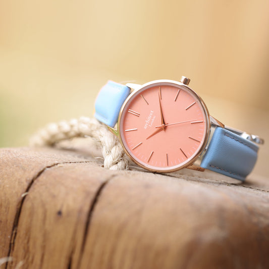 Ladies Architēct Coral - Handwriting Engraving + Light Blue Strap Fuchsia Prometheus