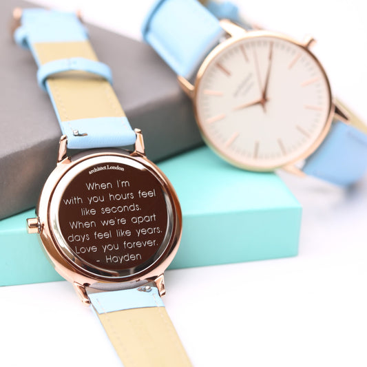 Ladies Architēct Blanc - Modern Font Engraving + Light Blue Strap Fuchsia Prometheus