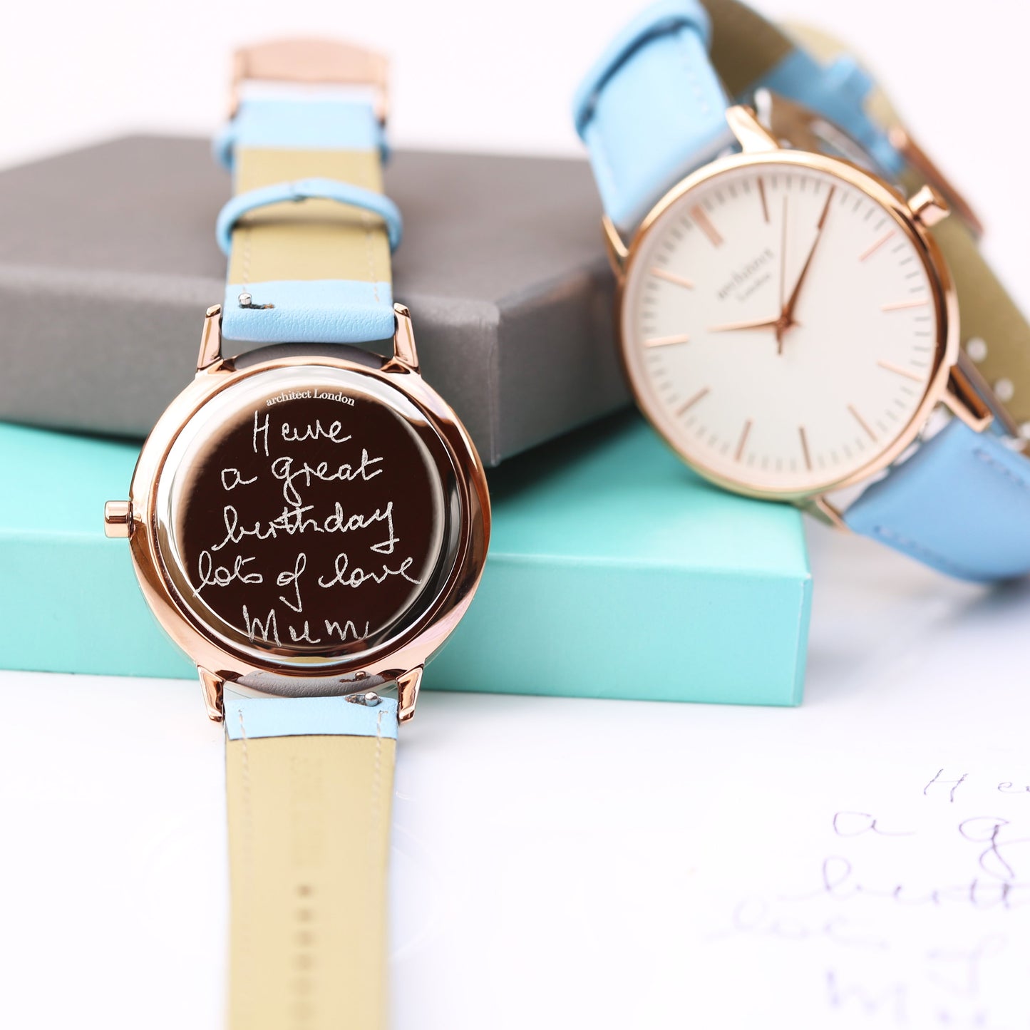 Ladies Architēct Blanc - Handwriting Engraving + Light Blue Strap Fuchsia Prometheus