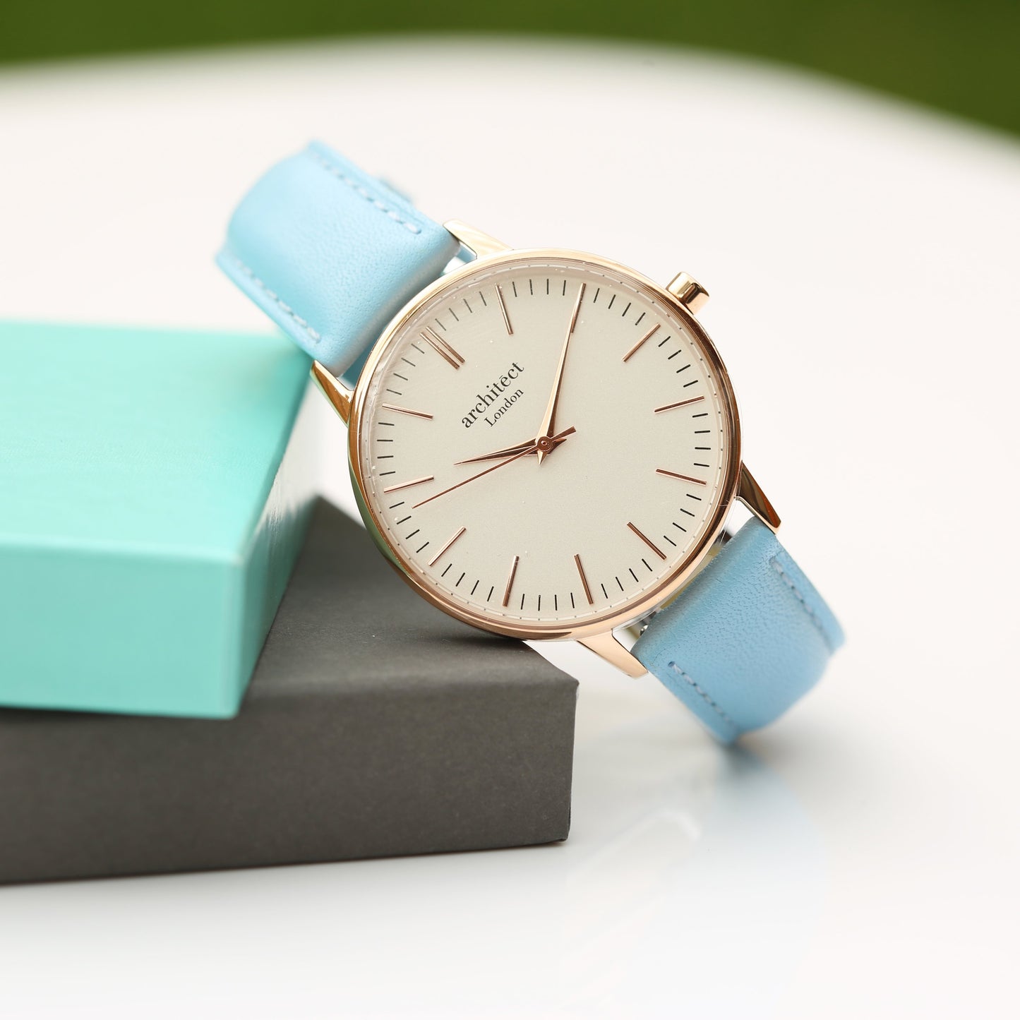 Ladies Architēct Blanc - Handwriting Engraving + Light Blue Strap Fuchsia Prometheus