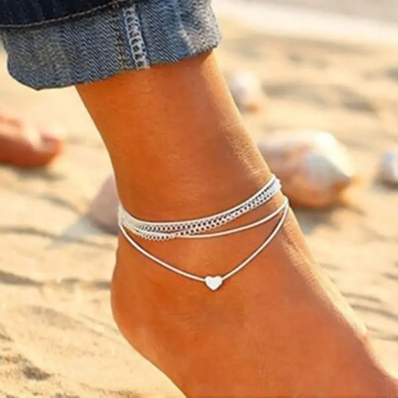 Bohemian Silver Heart Multi Chain Anklet Peridot